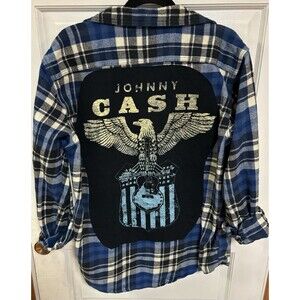 JOHNNY CASH Upcycled Flannel Button Up Shirt Size XL Blue Black Plaid Outlaw